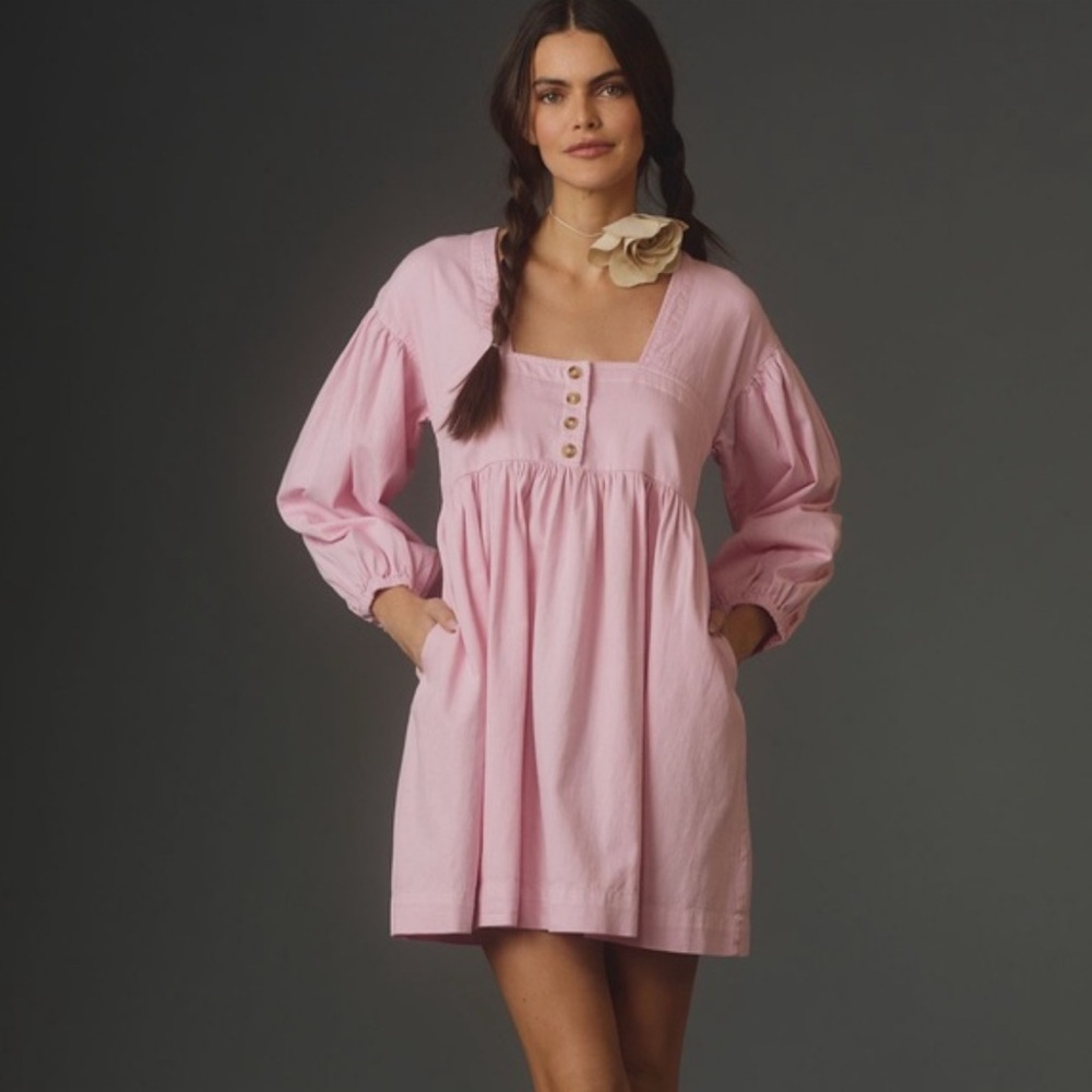 Anthropologie Long-Sleeve Square-Neck Denim Babydoll Mini Dress